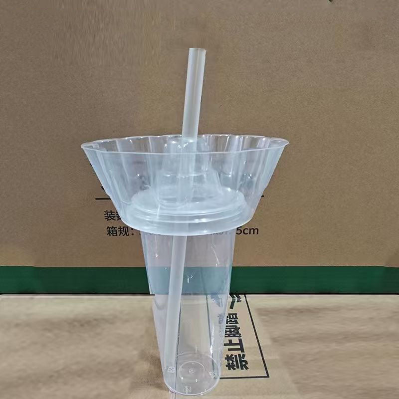 Trendy hot pot cup, double-layer catering cup, exclusive sample link (order quantity 2 sets, receive 2 sets). Bowl on top, cup on the bottom, suitable for snacks and drinks. Comes with a thick straw.