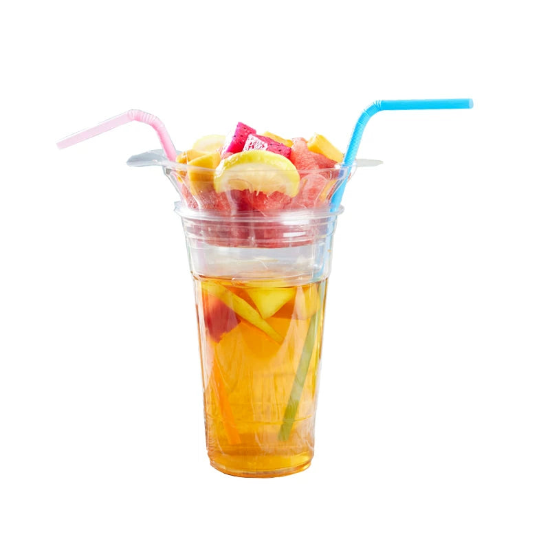 qiecha™ 3-in-1 Dry Ice Smoked Beverage Cup Set – PET Clear Cup + Double-Layer Tray Cup, suitable for fruits, tea, and parties.