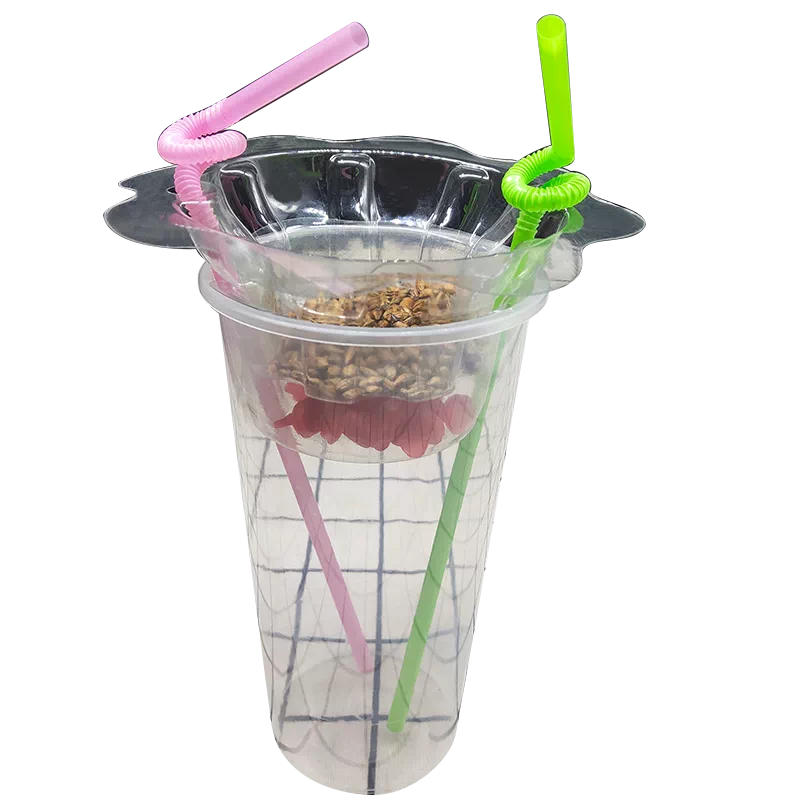 qiecha™ 3-in-1 Dry Ice Smoked Beverage Cup Set – PET Clear Cup + Double-Layer Tray Cup, suitable for fruits, tea, and parties.